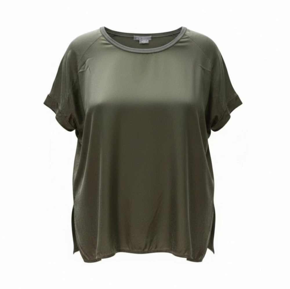 Vince Women’s 100% Silk Short Sleeve Round Neck  Blouse Olive Green Size Large